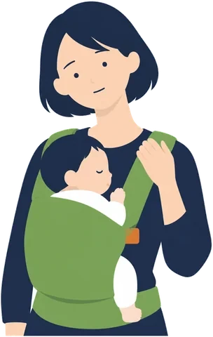 抱っこひもで赤ちゃんを抱っこしている女性のイラスト